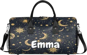 Personalized Boho Sun Moon Travel Duffel Bag with Name, Custom Gym Sport Bag Modern Stars Gothic Carry On Weekend Overnight Duffel Bag for Men Women