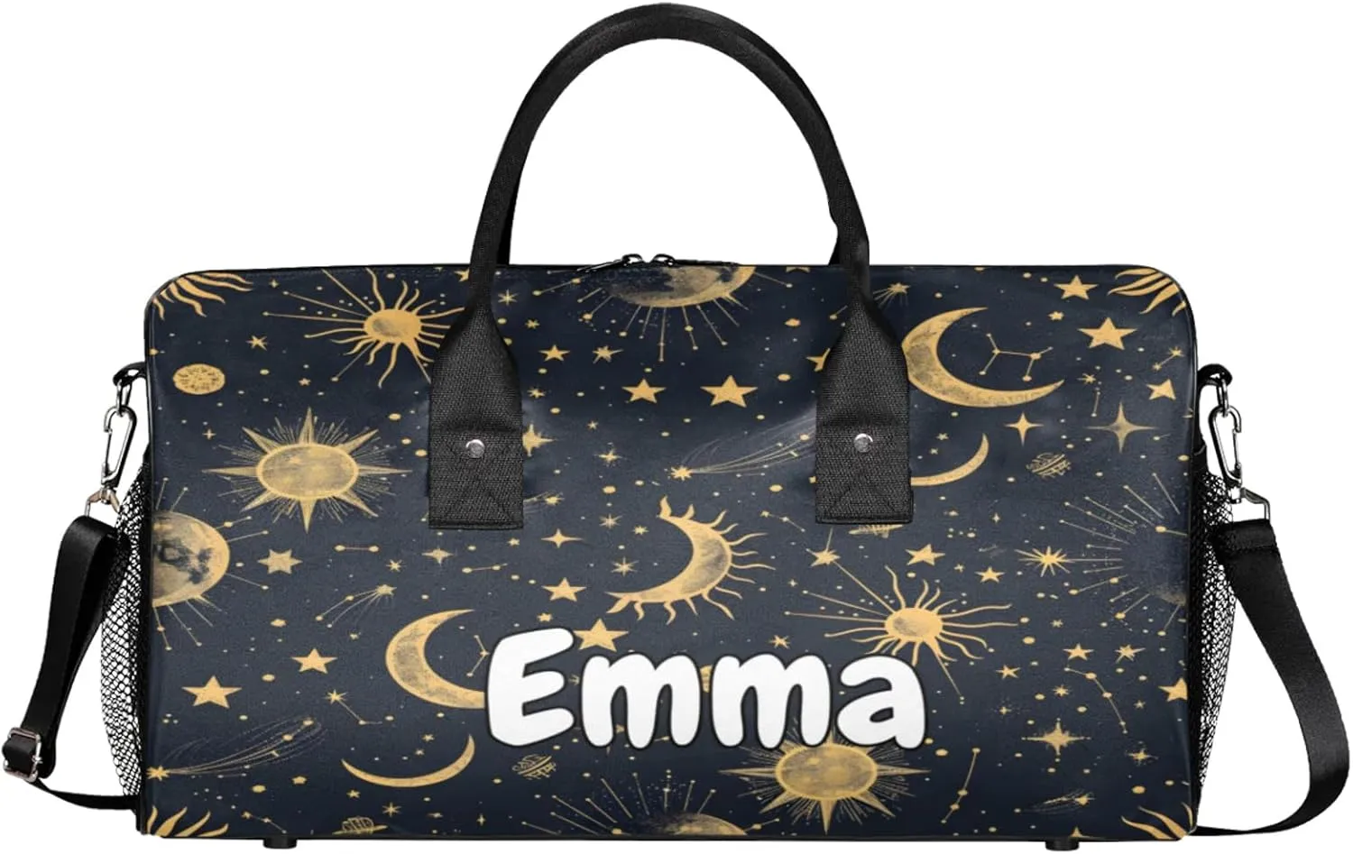 Personalized Boho Sun Moon Travel Duffel Bag with Name, Custom Gym Sport Bag Modern Stars Gothic Carry On Weekend Overnight Duffel Bag for Men Women