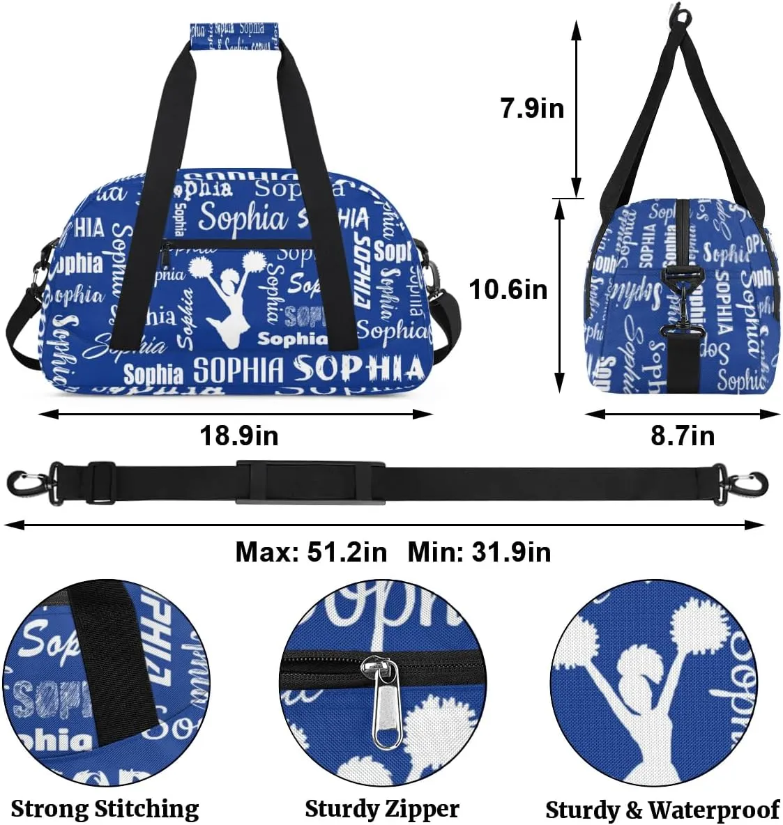 Personalized Cheer Bag Sport Duffel Bag Dance Bag, Overnight Weekender Bags Cheerleader Personalized Gymnastics Duffel Bag Cheerleading Gifts, Cobalt Blue