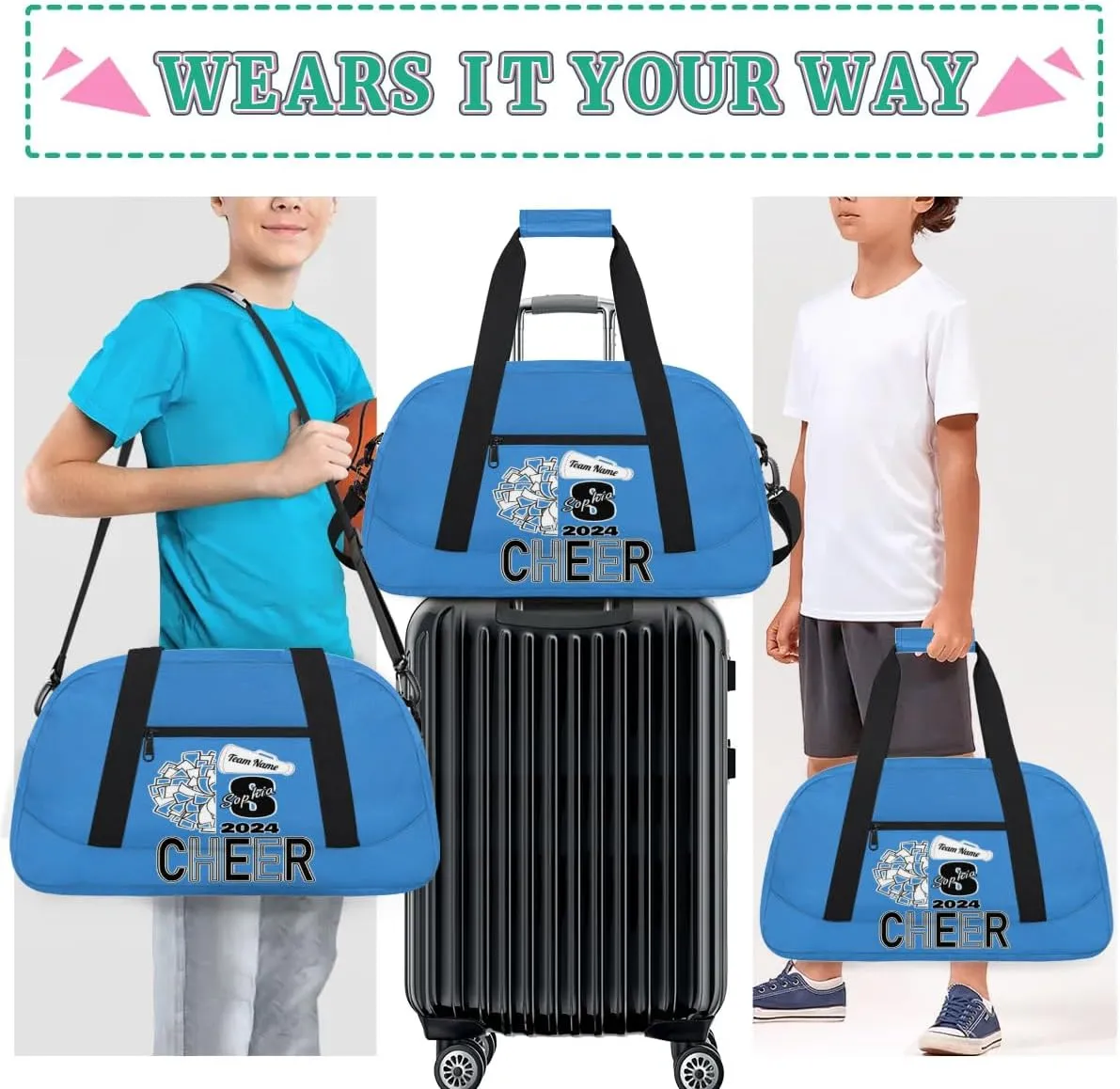 Personalized Cheer Duffel Bags, Custom Cheerleader Dance Sport Bags, Customized Cheerleading Travel Overnight Weekender Bags with Name, Blue