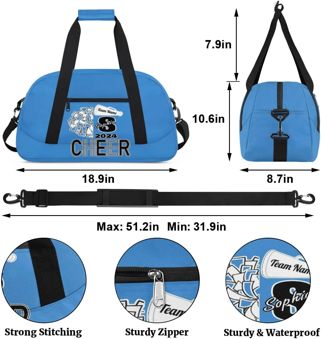 Personalized Cheer Duffel Bags, Custom Cheerleader Dance Sport Bags, Customized Cheerleading Travel Overnight Weekender Bags with Name, Blue