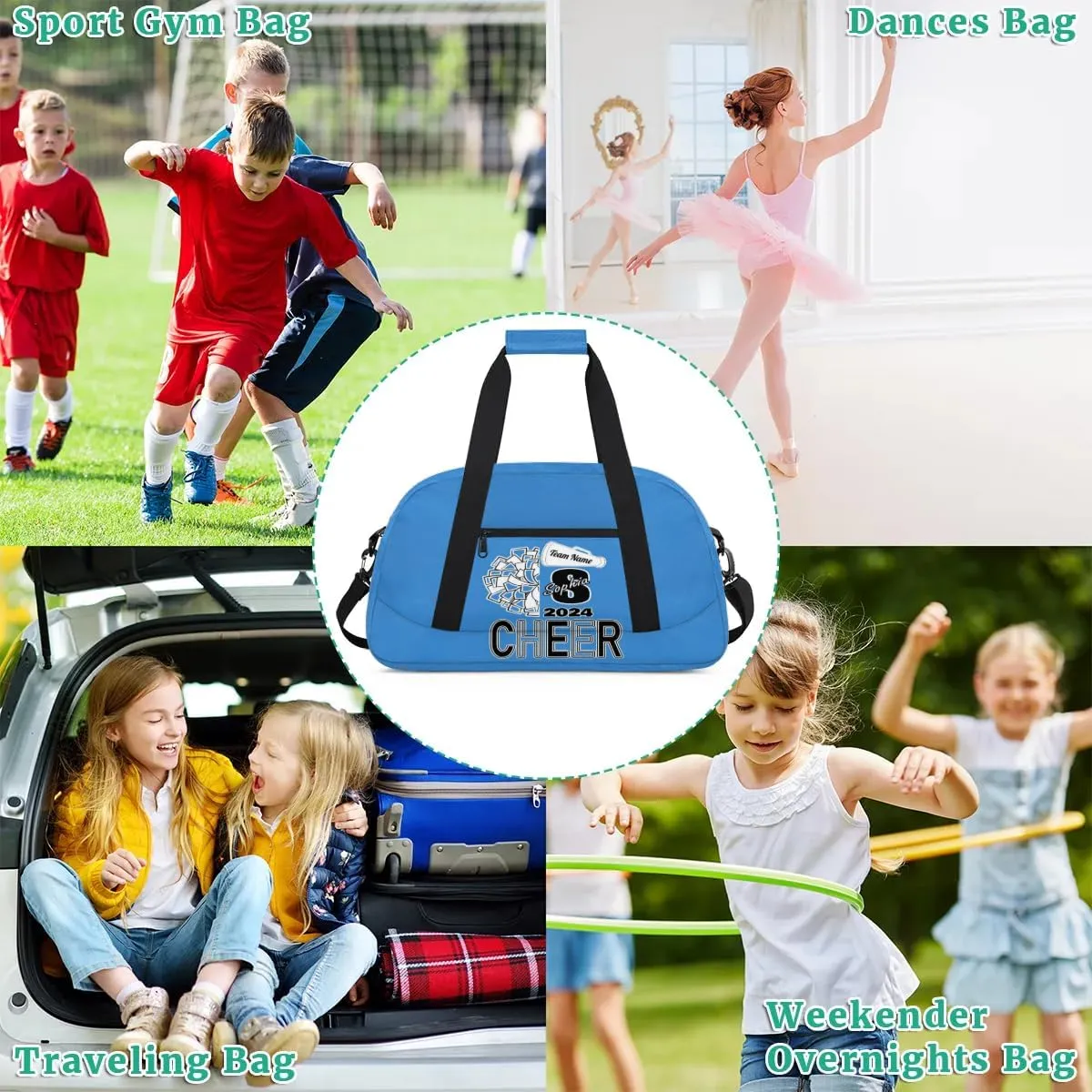 Personalized Cheer Duffel Bags, Custom Cheerleader Dance Sport Bags, Customized Cheerleading Travel Overnight Weekender Bags with Name, Blue
