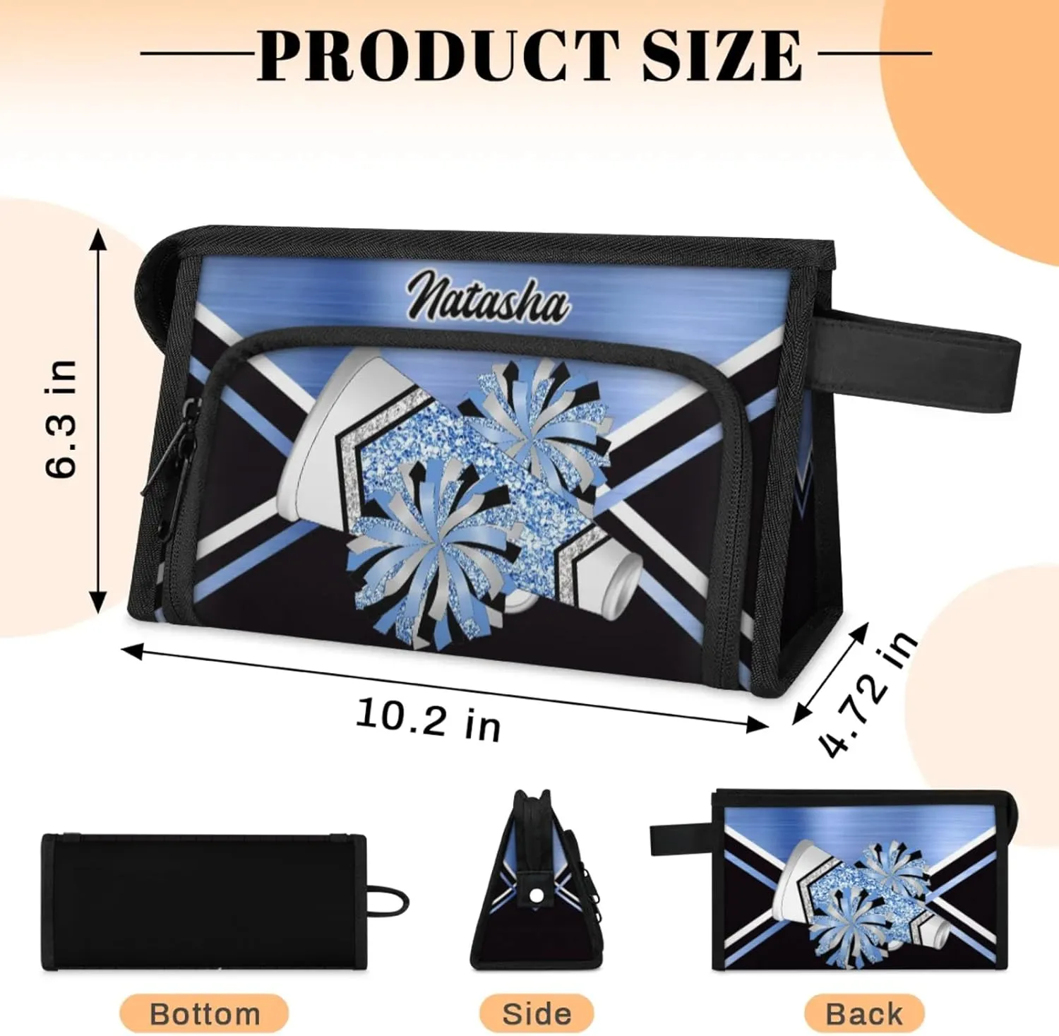 Personalized-Cheerleader-Gifts for Girls, Custom-Makeup-Bag for Cheerleader, Travel Make up Bag Cosmetic Bag Toiletry Bag Organizer, Gifts for Cheerleader Girls Blue Glitter Cheer