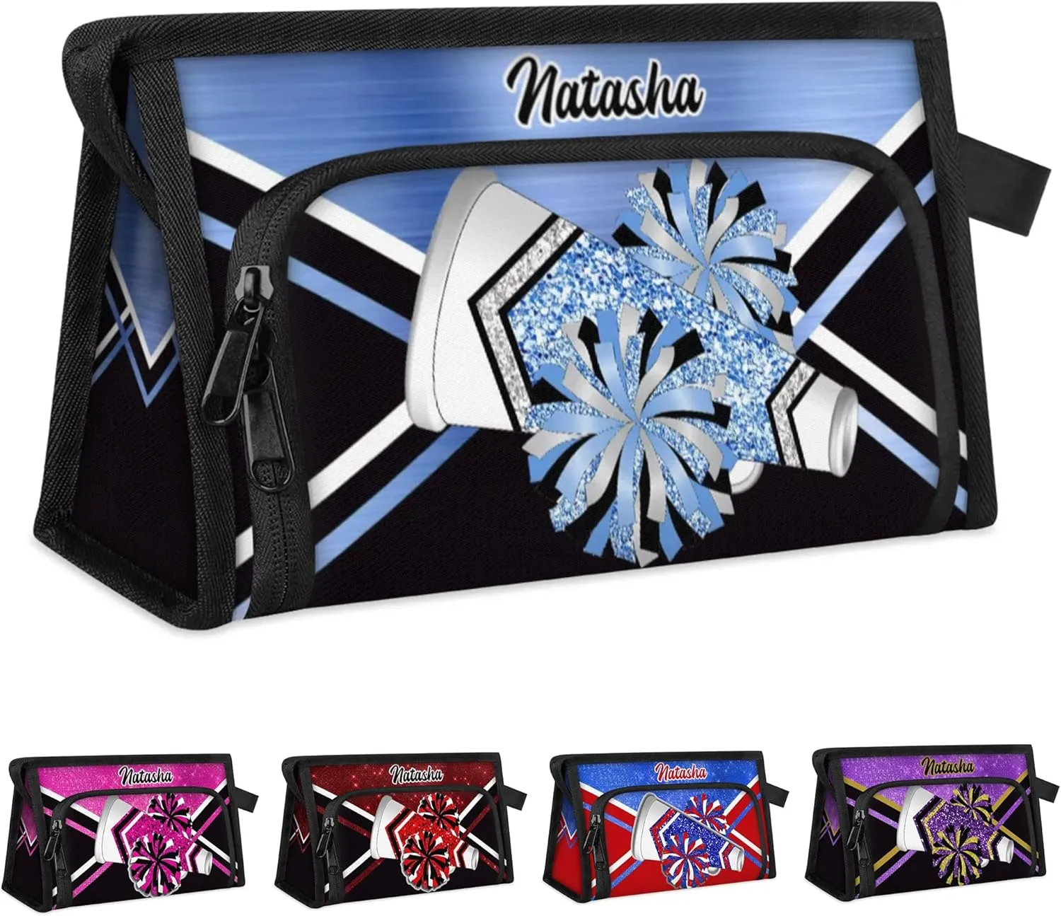 Personalized-Cheerleader-Gifts for Girls, Custom-Makeup-Bag for Cheerleader, Travel Make up Bag Cosmetic Bag Toiletry Bag Organizer, Gifts for Cheerleader Girls Blue Glitter Cheer