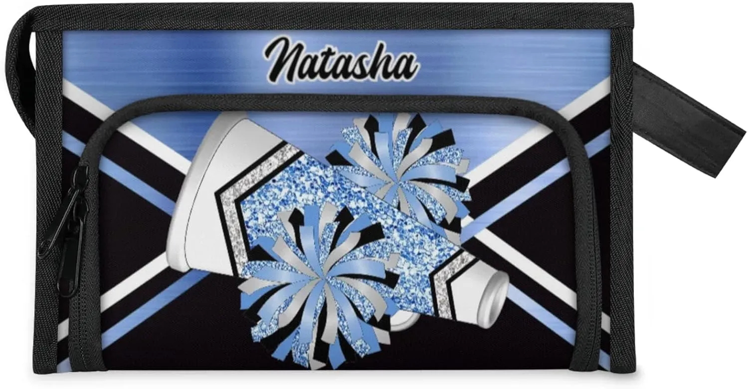 Personalized-Cheerleader-Gifts for Girls, Custom-Makeup-Bag for Cheerleader, Travel Make up Bag Cosmetic Bag Toiletry Bag Organizer, Gifts for Cheerleader Girls Blue Glitter Cheer