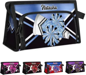 Personalized-Cheerleader-Gifts for Girls, Custom-Makeup-Bag for Cheerleader, Travel Make up Bag Cosmetic Bag Toiletry Bag Organizer, Gifts for Cheerleader Girls Blue Glitter Cheer