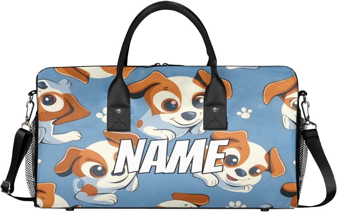 Personalized Dog Puppy Travel Duffel Bag with Name, Custom Gym Sport Bag Cartoon Doggy Carry On Weekend Overnight Duffel Bag for Men Women