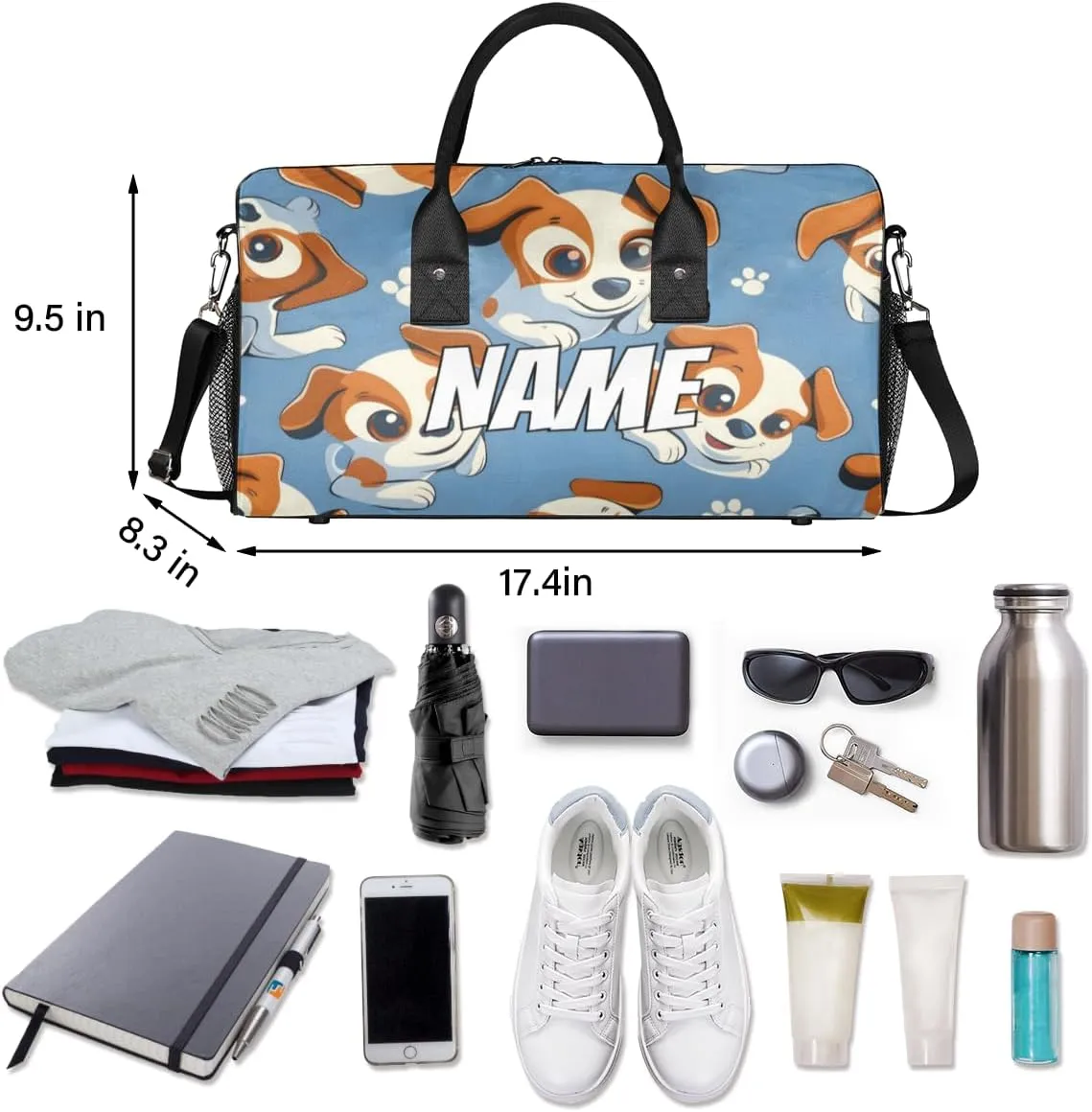 Personalized Dog Puppy Travel Duffel Bag with Name, Custom Gym Sport Bag Cartoon Doggy Carry On Weekend Overnight Duffel Bag for Men Women