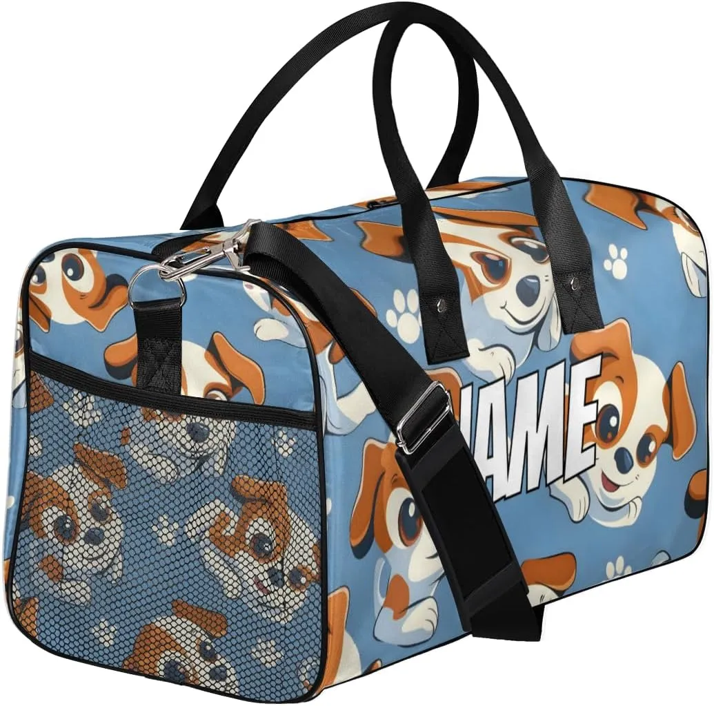 Personalized Dog Puppy Travel Duffel Bag with Name, Custom Gym Sport Bag Cartoon Doggy Carry On Weekend Overnight Duffel Bag for Men Women