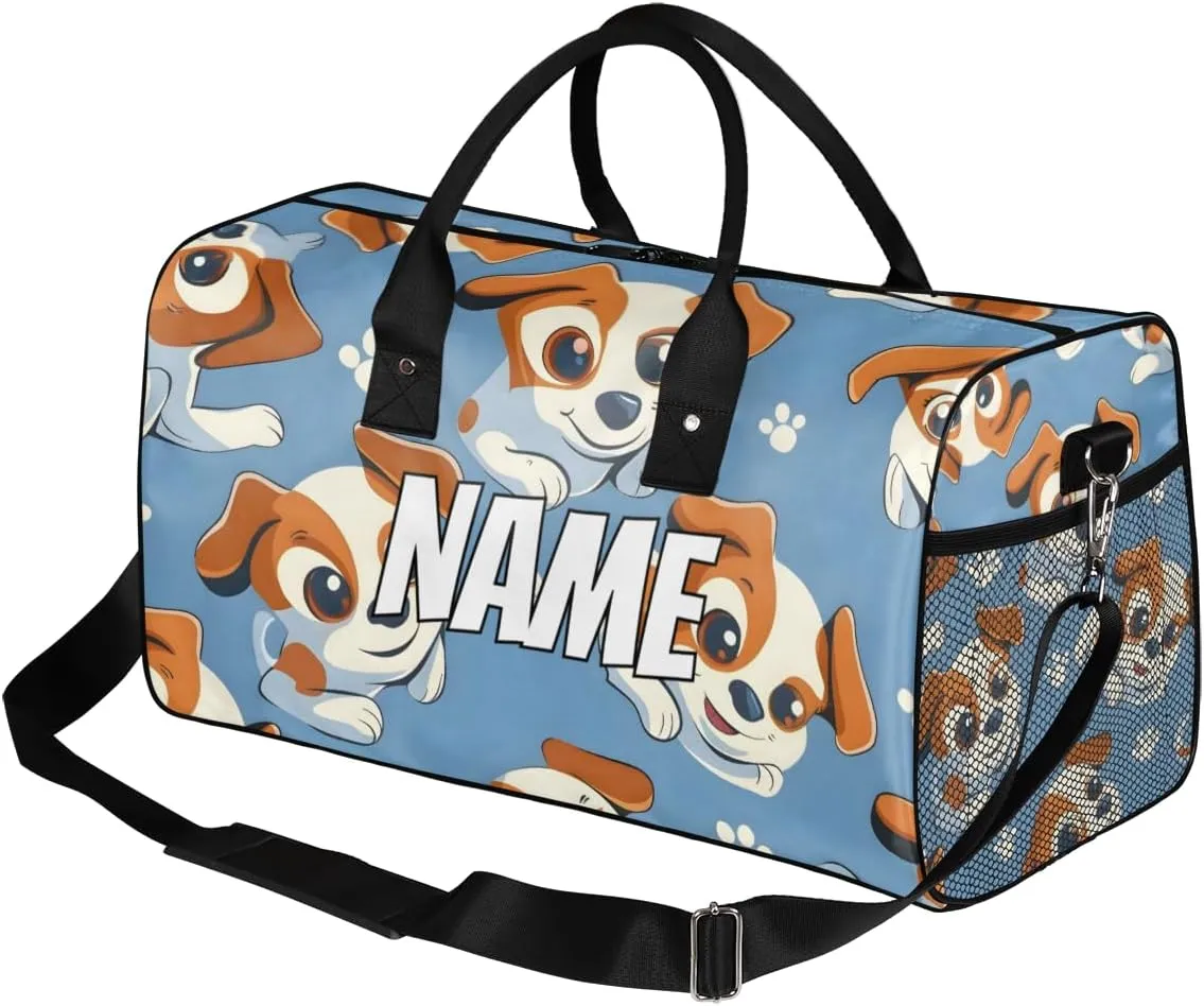 Personalized Dog Puppy Travel Duffel Bag with Name, Custom Gym Sport Bag Cartoon Doggy Carry On Weekend Overnight Duffel Bag for Men Women
