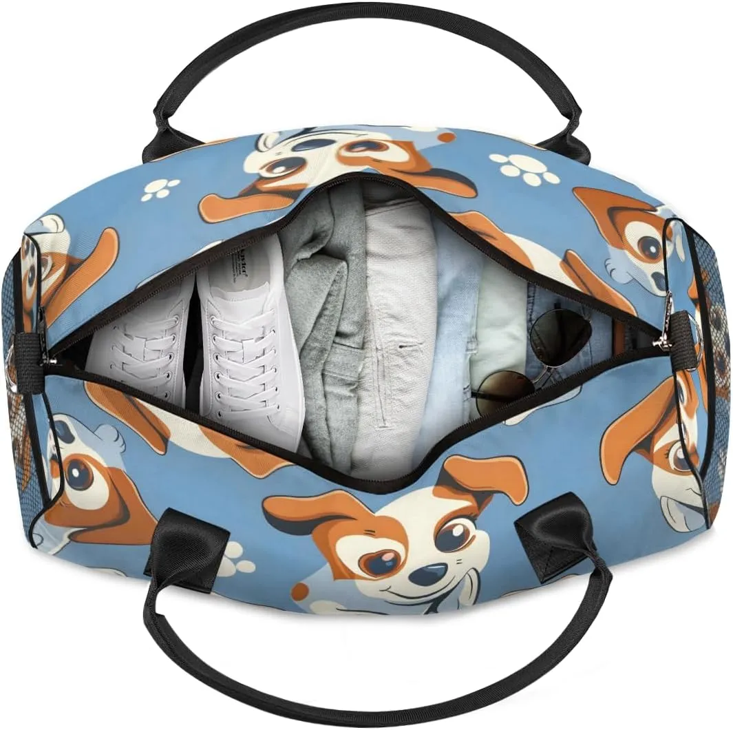 Personalized Dog Puppy Travel Duffel Bag with Name, Custom Gym Sport Bag Cartoon Doggy Carry On Weekend Overnight Duffel Bag for Men Women