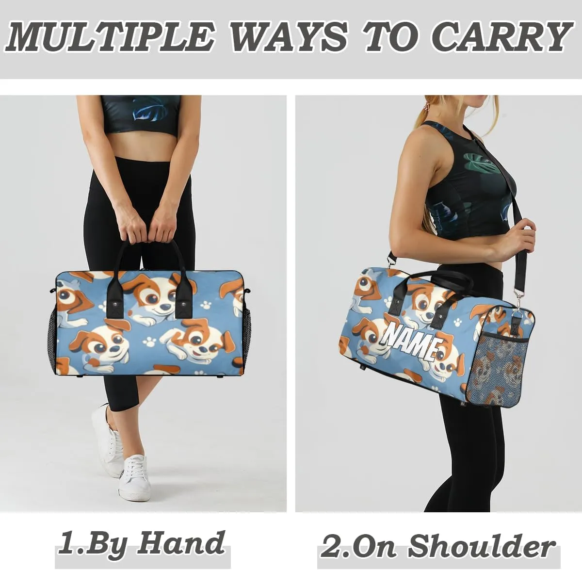 Personalized Dog Puppy Travel Duffel Bag with Name, Custom Gym Sport Bag Cartoon Doggy Carry On Weekend Overnight Duffel Bag for Men Women