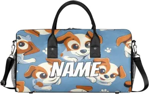 Personalized Dog Puppy Travel Duffel Bag with Name, Custom Gym Sport Bag Cartoon Doggy Carry On Weekend Overnight Duffel Bag for Men Women
