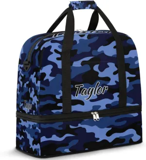 Personalized Duffel Bag with Name, Custom Camo Travel Sports Gym Yoga Beach Bag Customized Weekender Overnight Bag with Shoes Compartment for Women, Blue Camo