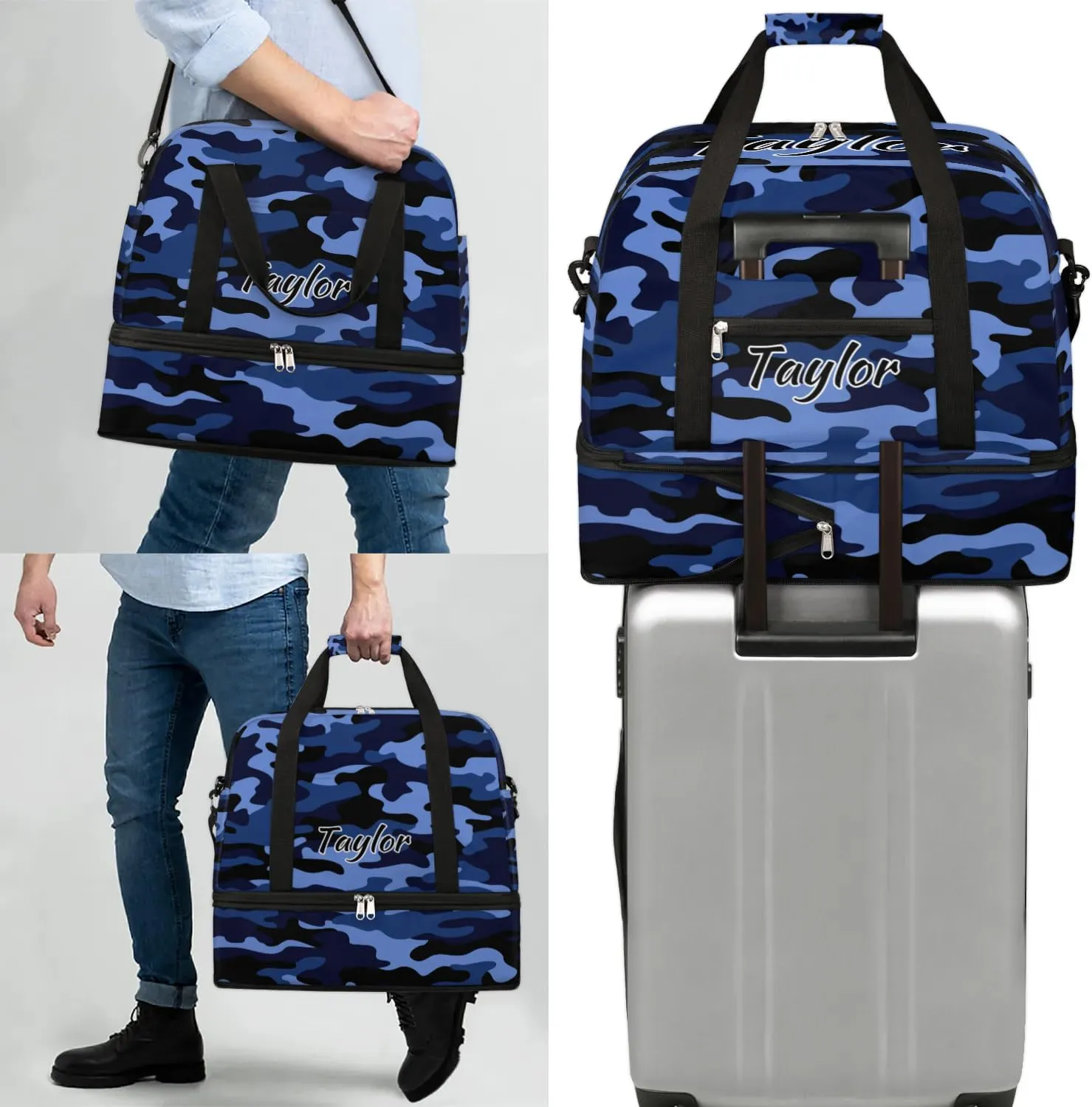 Personalized Duffel Bag with Name, Custom Camo Travel Sports Gym Yoga Beach Bag Customized Weekender Overnight Bag with Shoes Compartment for Women, Blue Camo
