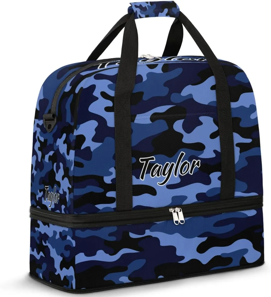 Personalized Duffel Bag with Name, Custom Camo Travel Sports Gym Yoga Beach Bag Customized Weekender Overnight Bag with Shoes Compartment for Women, Blue Camo