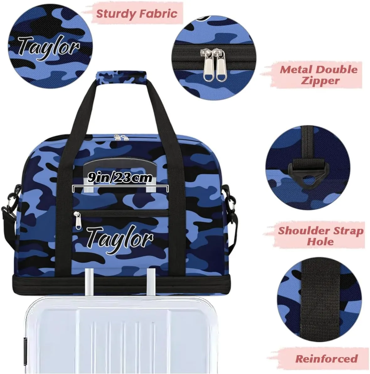 Personalized Duffel Bag with Name, Custom Camo Travel Sports Gym Yoga Beach Bag Customized Weekender Overnight Bag with Shoes Compartment for Women, Blue Camo