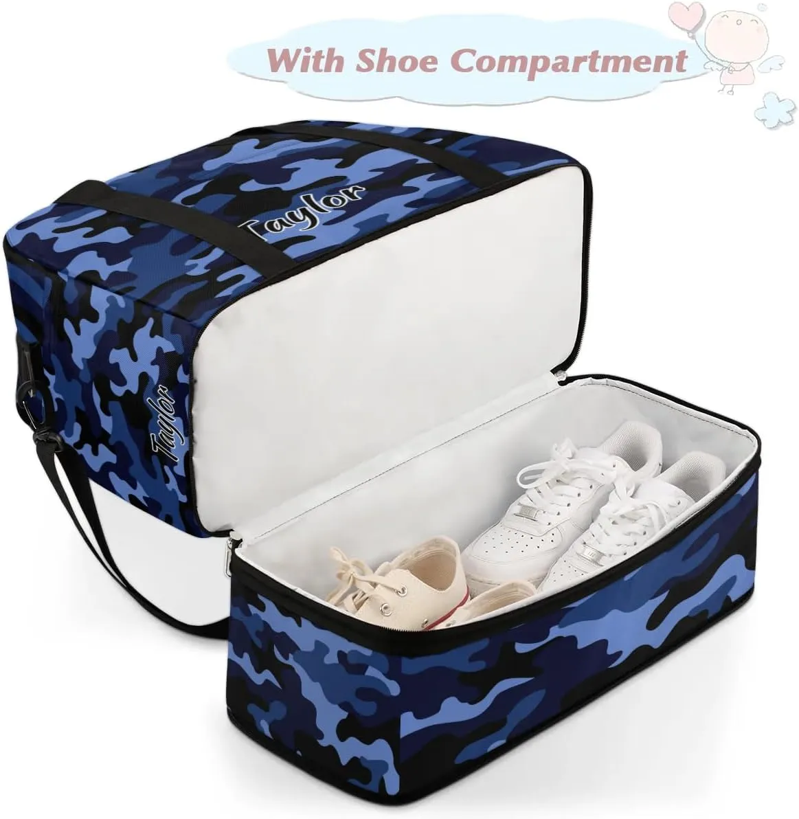 Personalized Duffel Bag with Name, Custom Camo Travel Sports Gym Yoga Beach Bag Customized Weekender Overnight Bag with Shoes Compartment for Women, Blue Camo