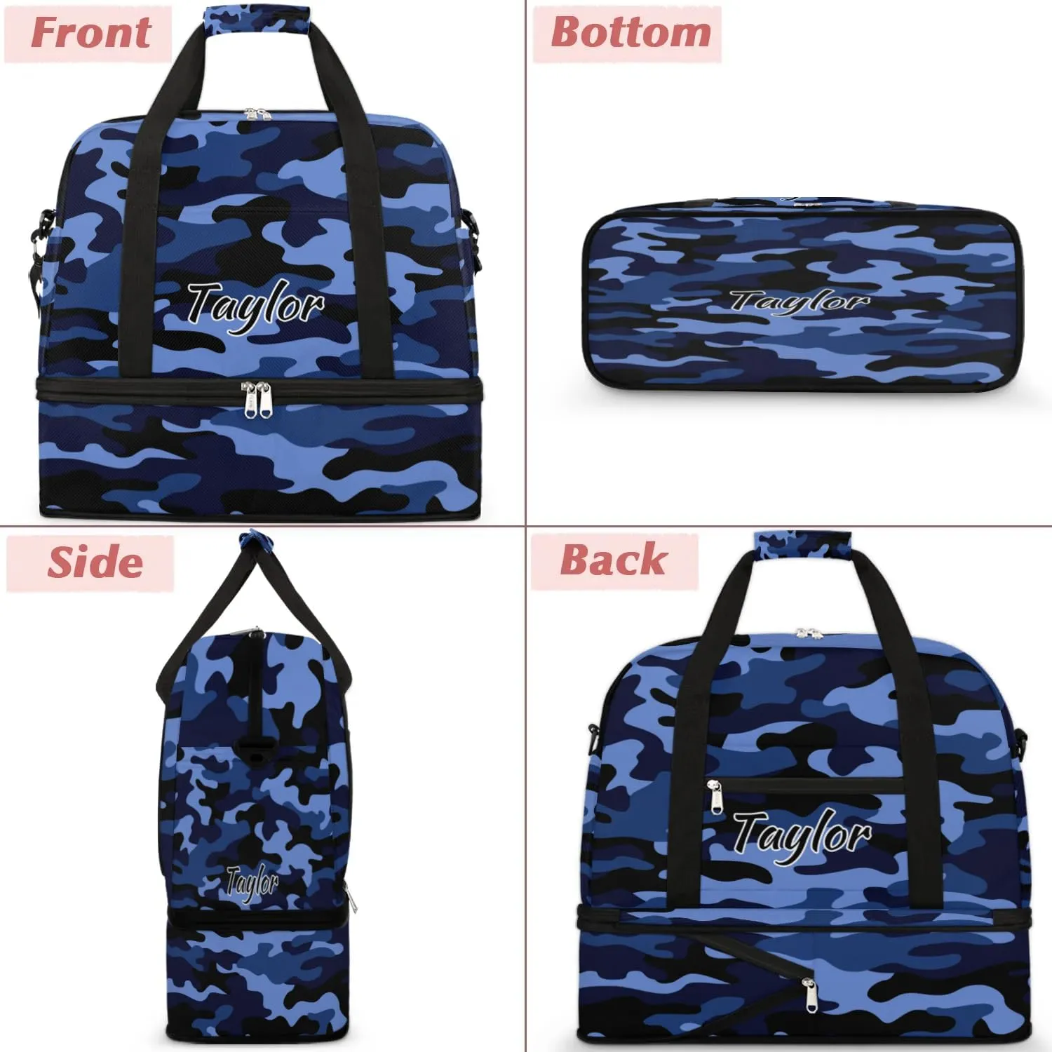 Personalized Duffel Bag with Name, Custom Camo Travel Sports Gym Yoga Beach Bag Customized Weekender Overnight Bag with Shoes Compartment for Women, Blue Camo