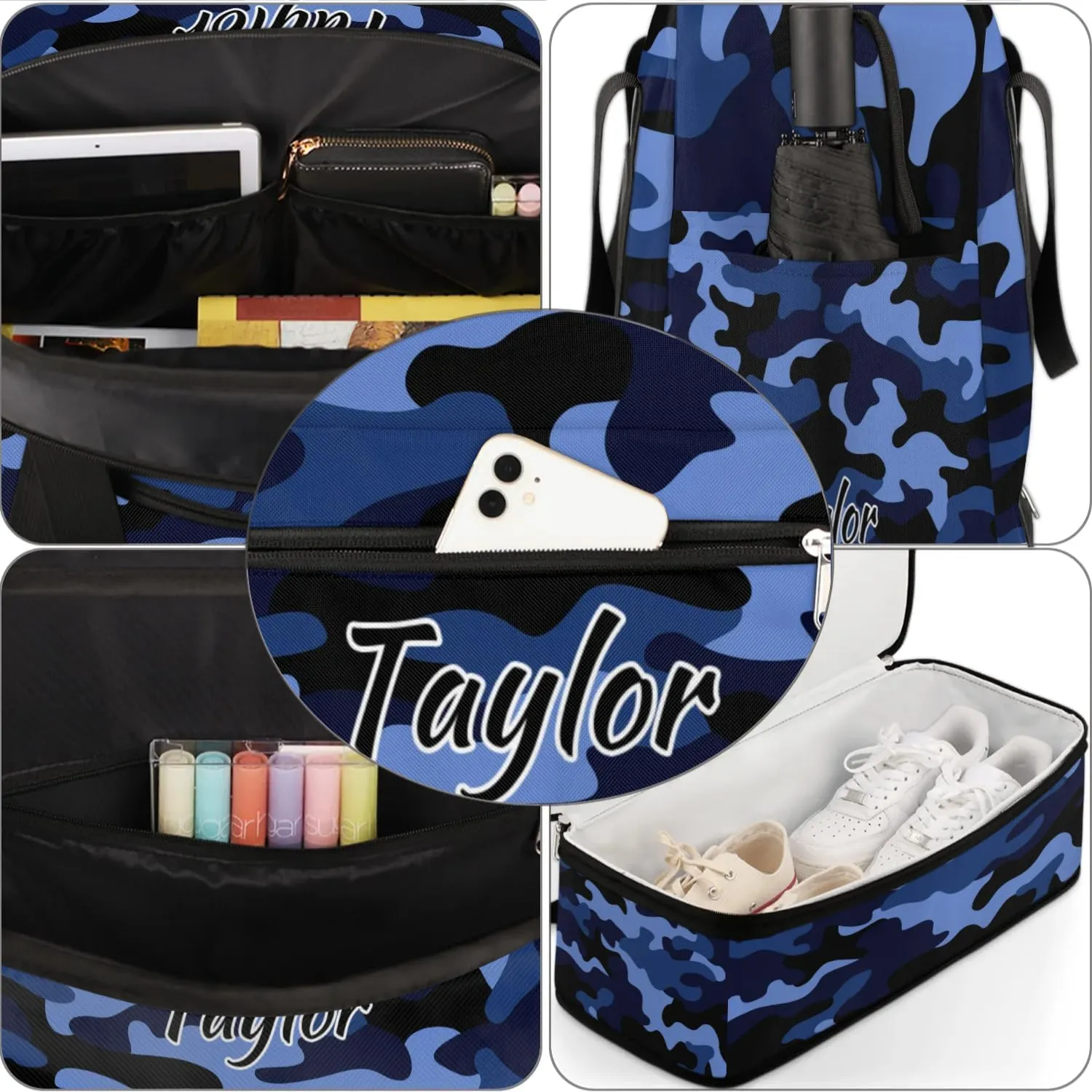 Personalized Duffel Bag with Name, Custom Camo Travel Sports Gym Yoga Beach Bag Customized Weekender Overnight Bag with Shoes Compartment for Women, Blue Camo