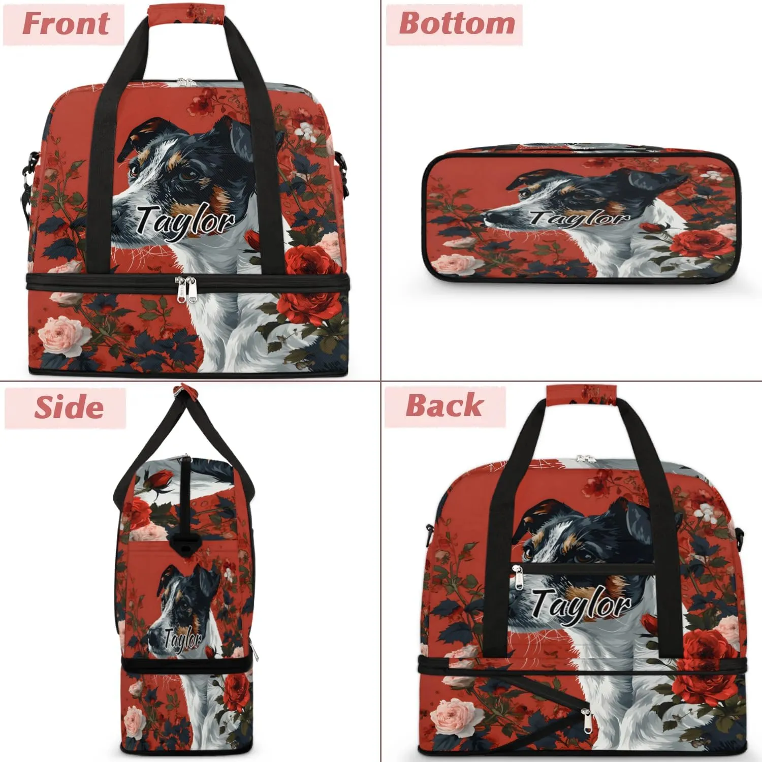 Personalized Duffel Bag with Name, Custom Cute Dog Travel Sports Gym Yoga Beach Bag Customized Weekender Overnight Bag with Shoes Compartment for Women, Dog Rose