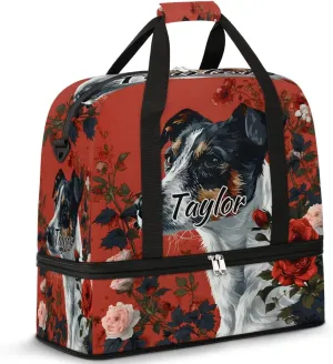 Personalized Duffel Bag with Name, Custom Cute Dog Travel Sports Gym Yoga Beach Bag Customized Weekender Overnight Bag with Shoes Compartment for Women, Dog Rose
