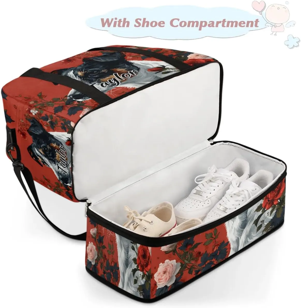 Personalized Duffel Bag with Name, Custom Cute Dog Travel Sports Gym Yoga Beach Bag Customized Weekender Overnight Bag with Shoes Compartment for Women, Dog Rose