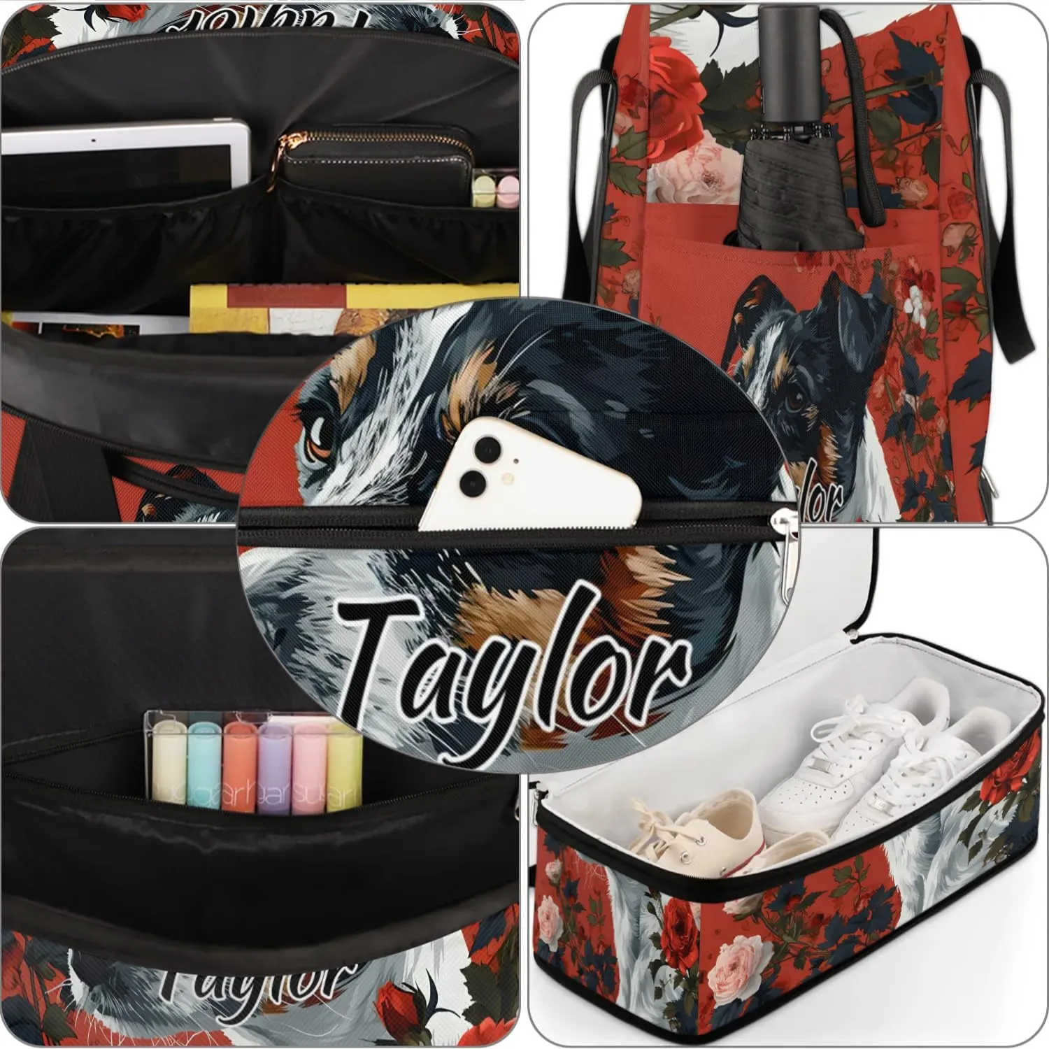 Personalized Duffel Bag with Name, Custom Cute Dog Travel Sports Gym Yoga Beach Bag Customized Weekender Overnight Bag with Shoes Compartment for Women, Dog Rose