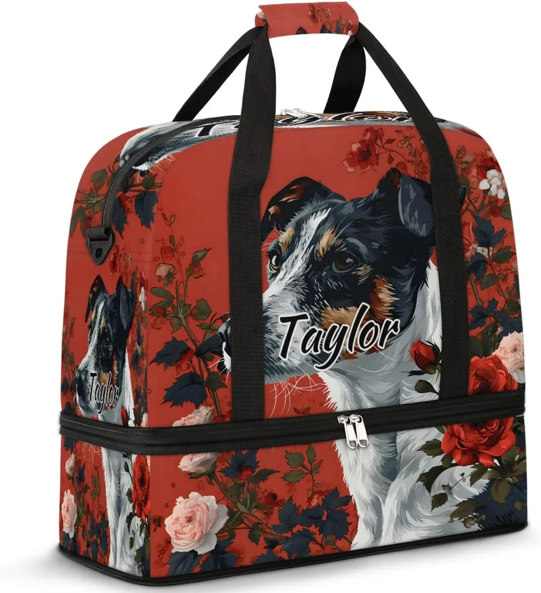 Personalized Duffel Bag with Name, Custom Cute Dog Travel Sports Gym Yoga Beach Bag Customized Weekender Overnight Bag with Shoes Compartment for Women, Dog Rose