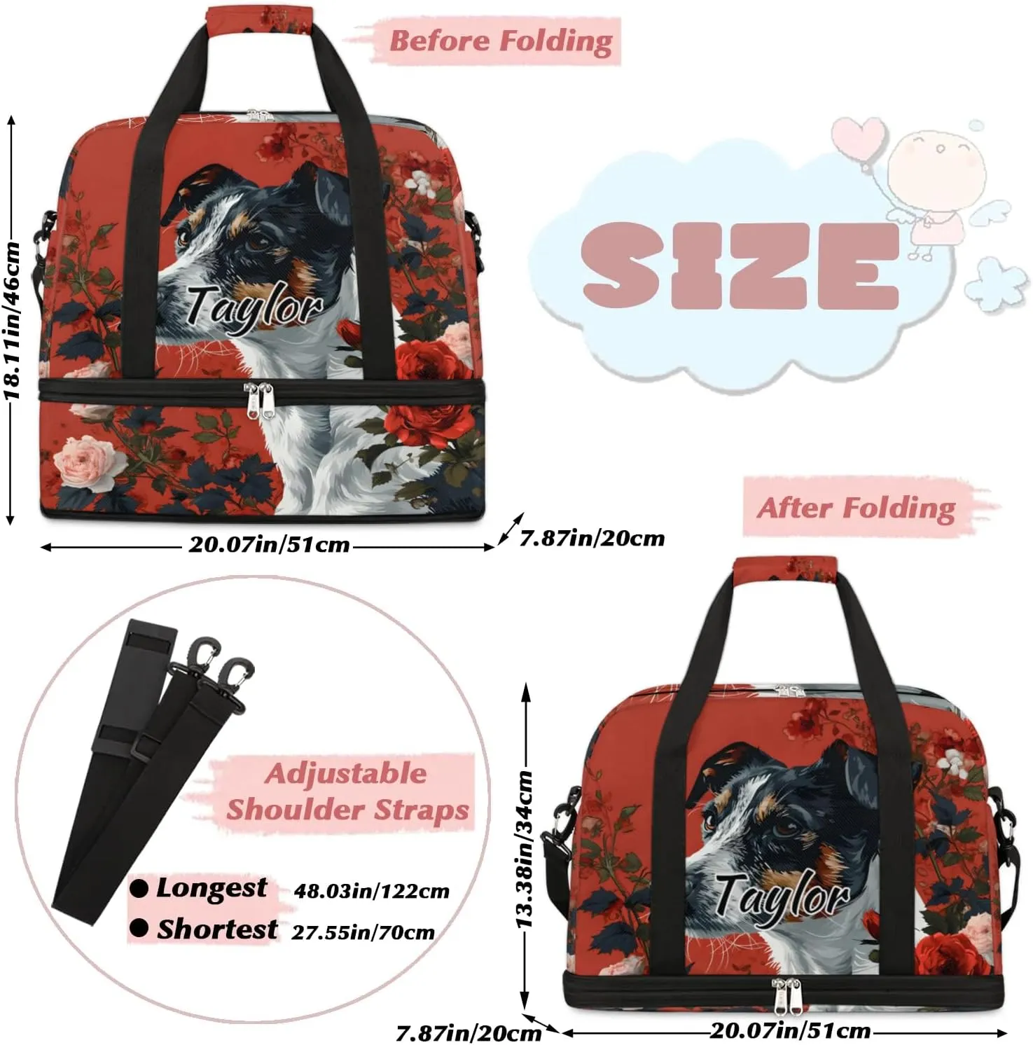 Personalized Duffel Bag with Name, Custom Cute Dog Travel Sports Gym Yoga Beach Bag Customized Weekender Overnight Bag with Shoes Compartment for Women, Dog Rose