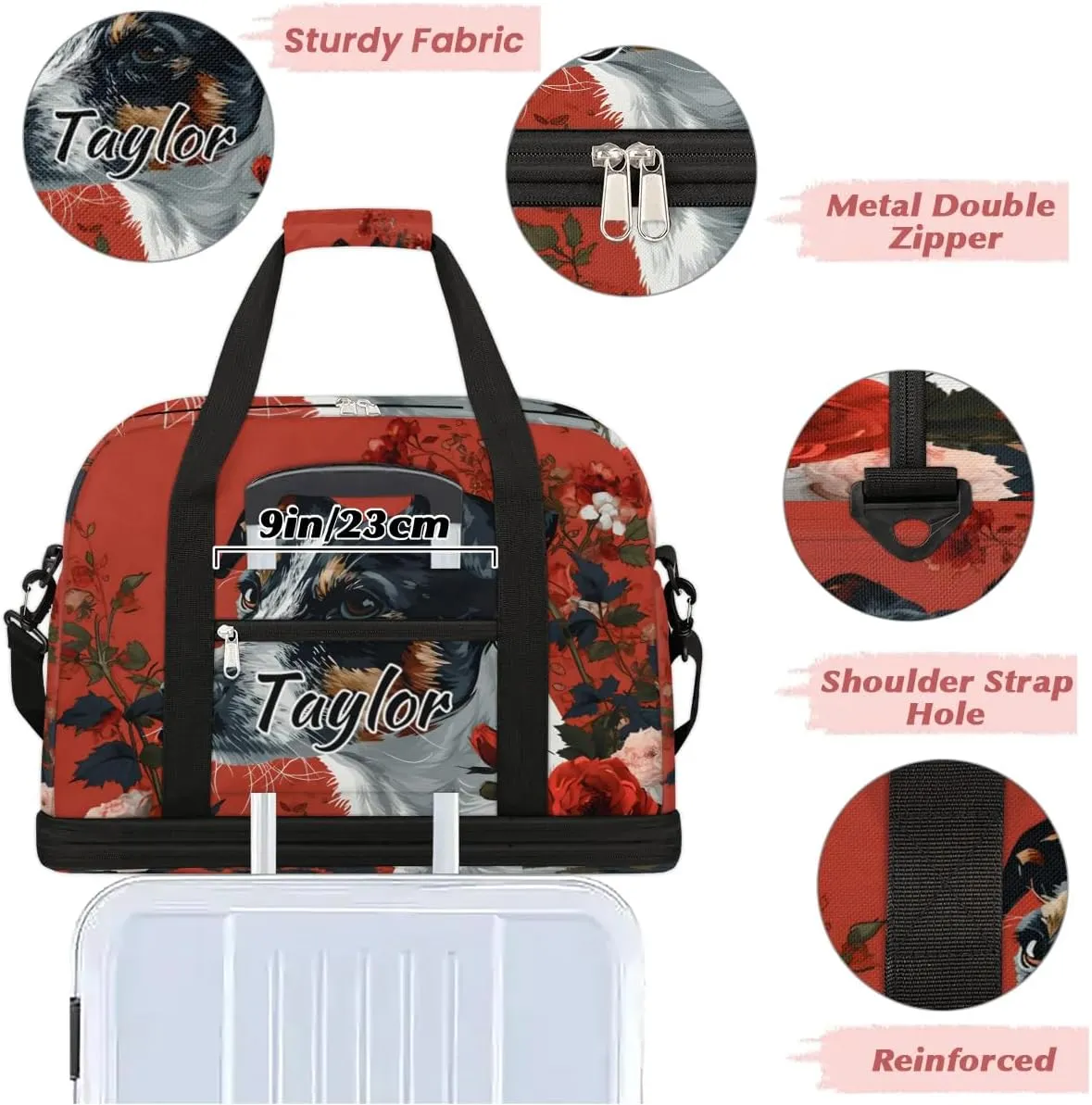 Personalized Duffel Bag with Name, Custom Cute Dog Travel Sports Gym Yoga Beach Bag Customized Weekender Overnight Bag with Shoes Compartment for Women, Dog Rose