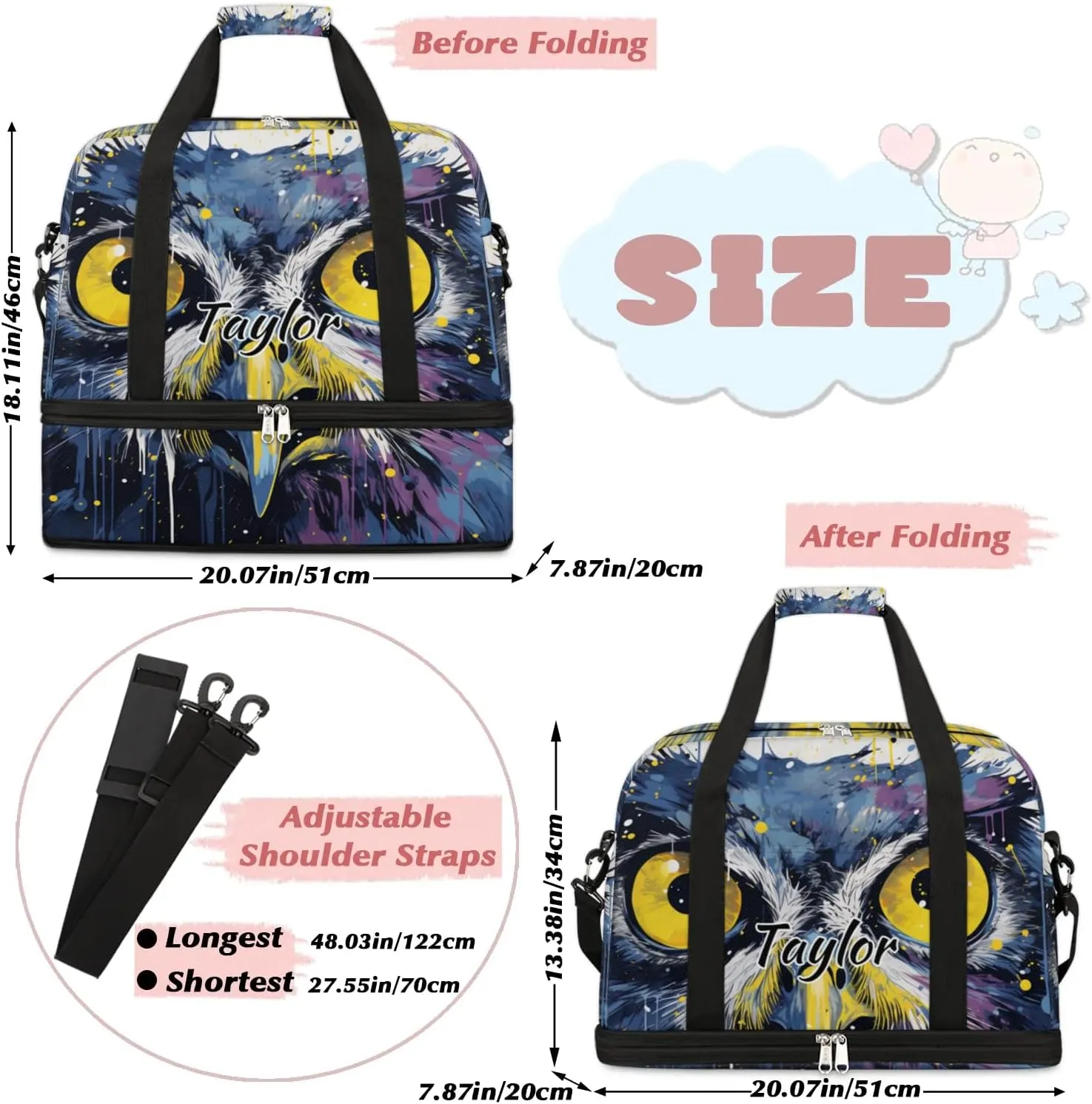 Personalized Duffel Bag with Name, Custom Owl Bird Travel Sports Gym Yoga Beach Bag Customized Weekender Overnight Bag with Shoes Compartment for Women, Animals Owl