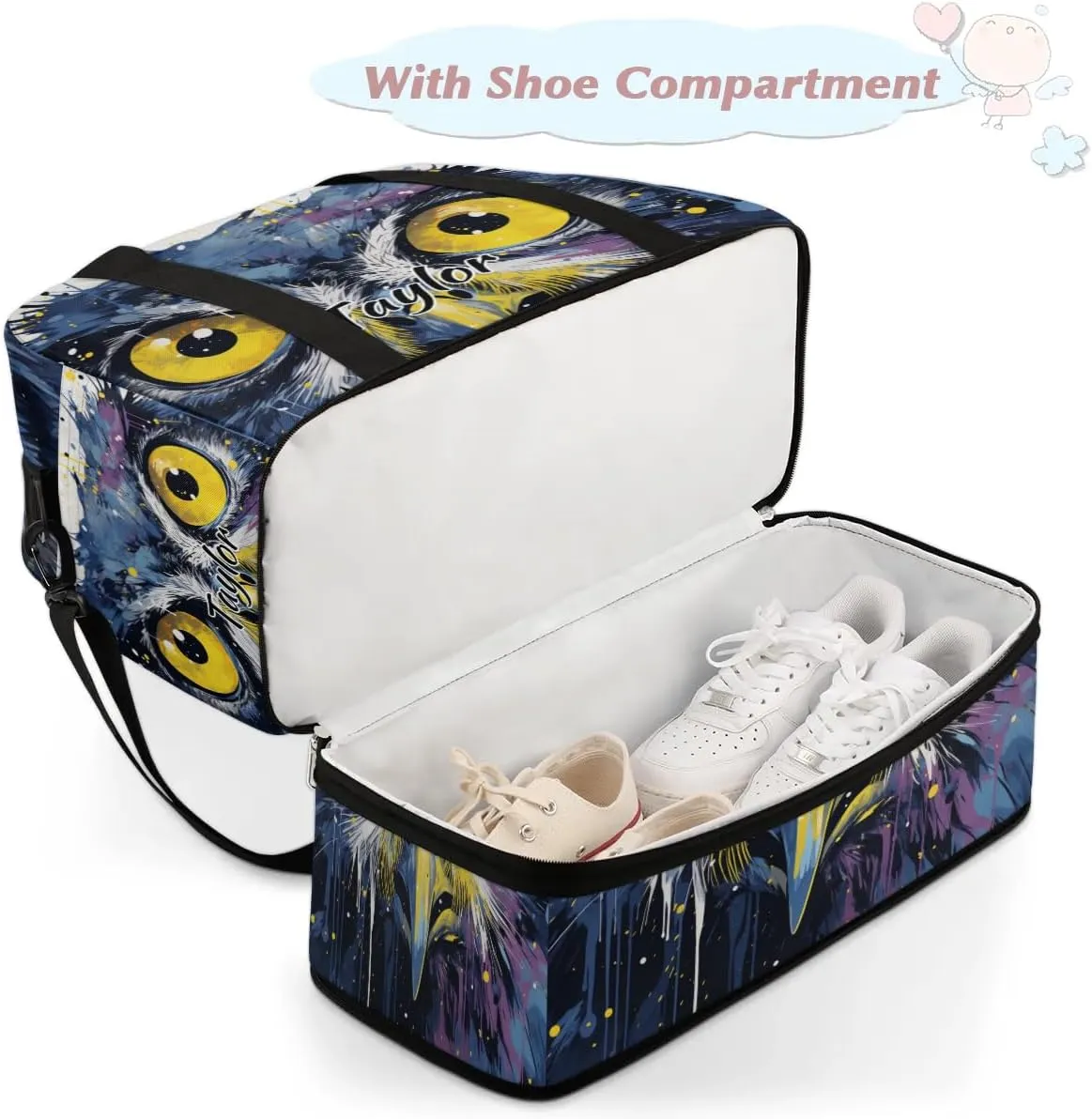 Personalized Duffel Bag with Name, Custom Owl Bird Travel Sports Gym Yoga Beach Bag Customized Weekender Overnight Bag with Shoes Compartment for Women, Animals Owl