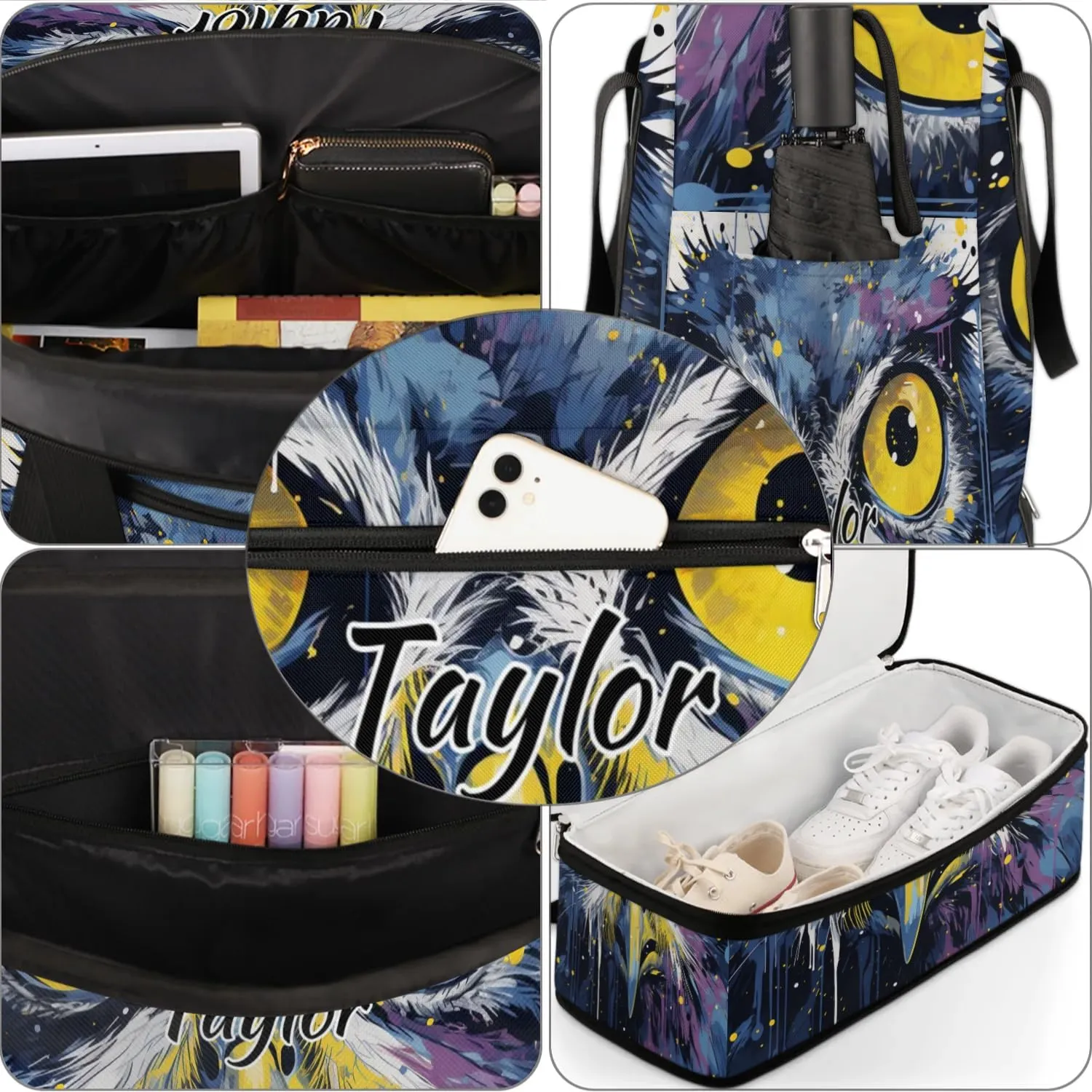 Personalized Duffel Bag with Name, Custom Owl Bird Travel Sports Gym Yoga Beach Bag Customized Weekender Overnight Bag with Shoes Compartment for Women, Animals Owl