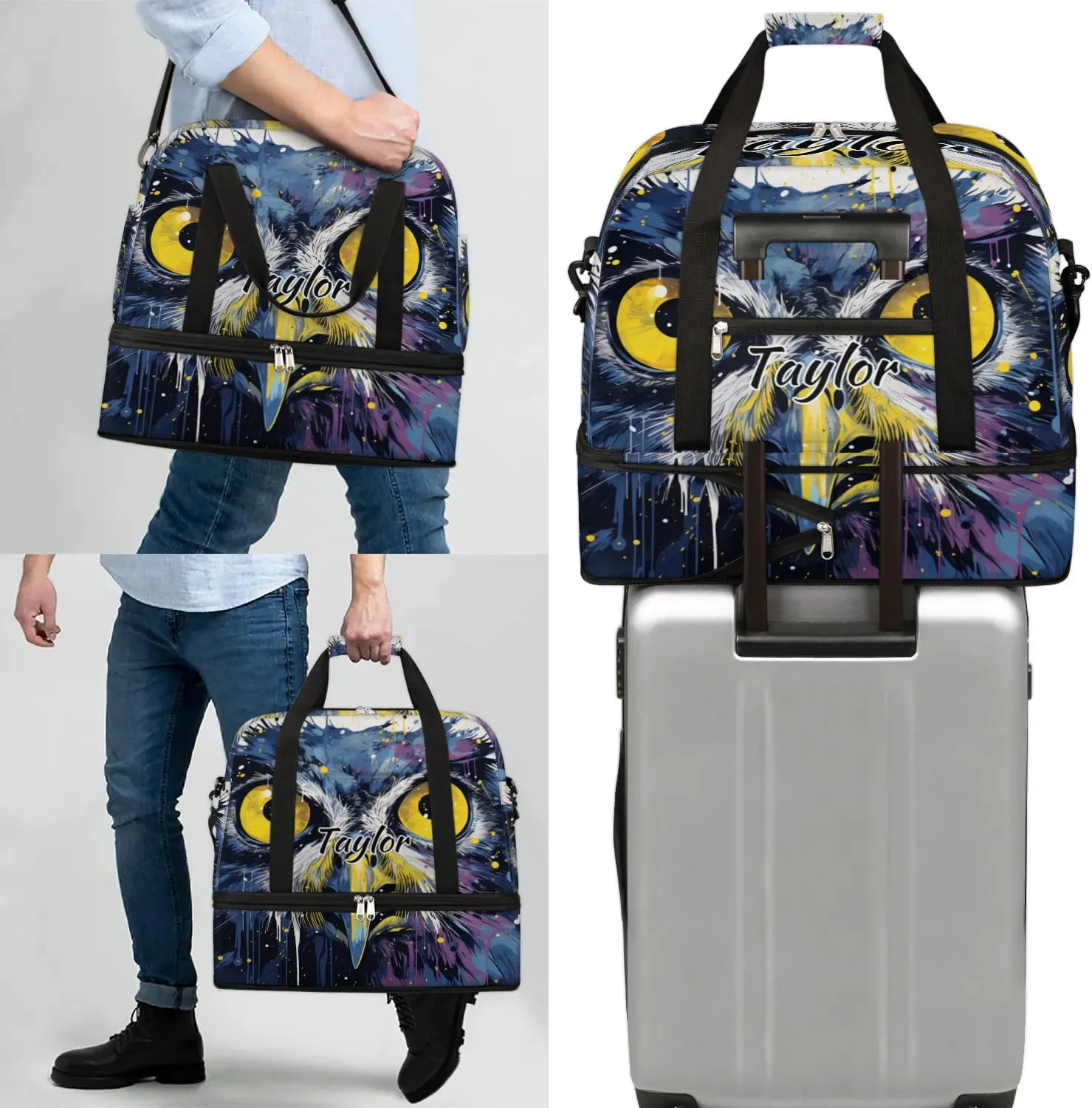 Personalized Duffel Bag with Name, Custom Owl Bird Travel Sports Gym Yoga Beach Bag Customized Weekender Overnight Bag with Shoes Compartment for Women, Animals Owl
