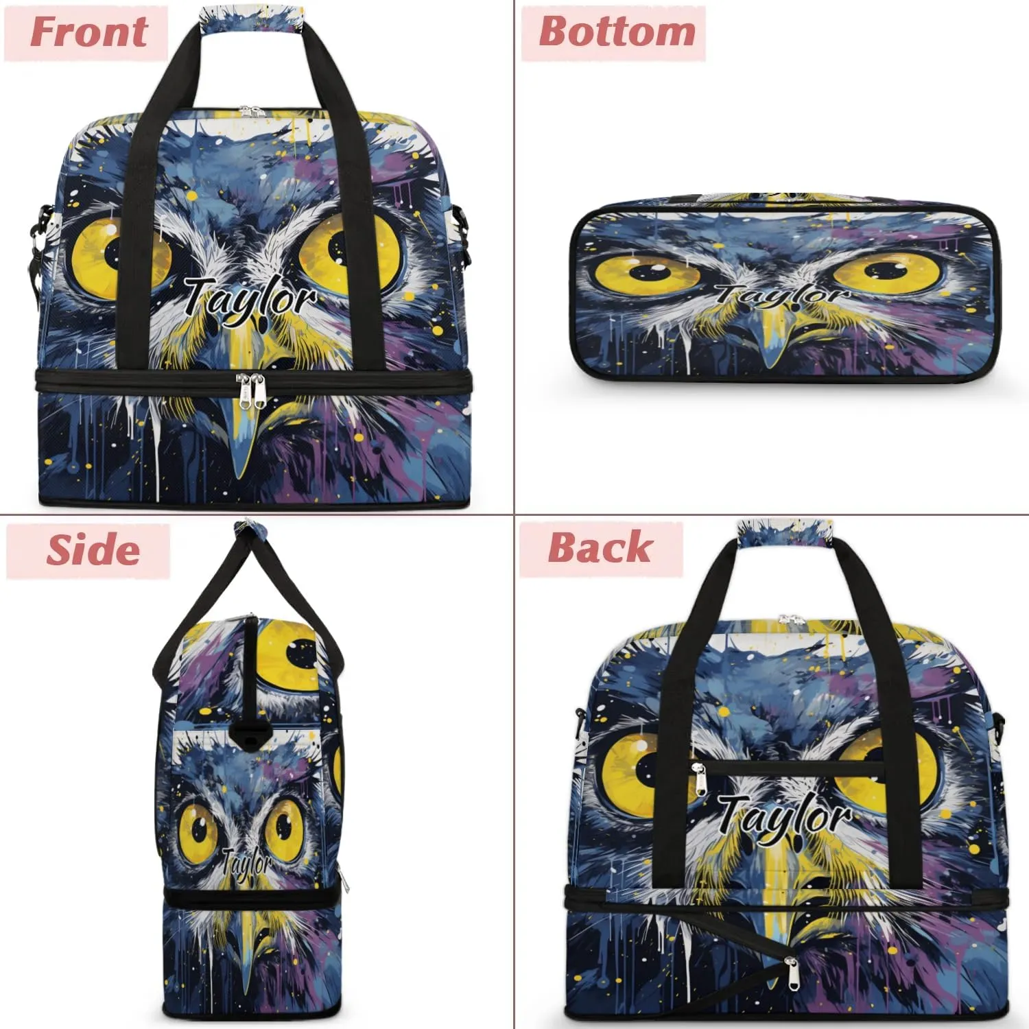 Personalized Duffel Bag with Name, Custom Owl Bird Travel Sports Gym Yoga Beach Bag Customized Weekender Overnight Bag with Shoes Compartment for Women, Animals Owl