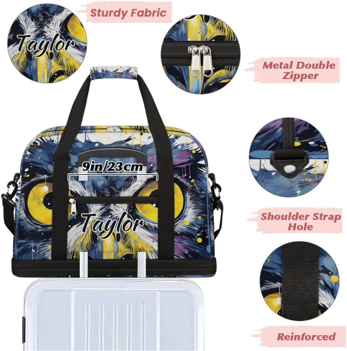 Personalized Duffel Bag with Name, Custom Owl Bird Travel Sports Gym Yoga Beach Bag Customized Weekender Overnight Bag with Shoes Compartment for Women, Animals Owl