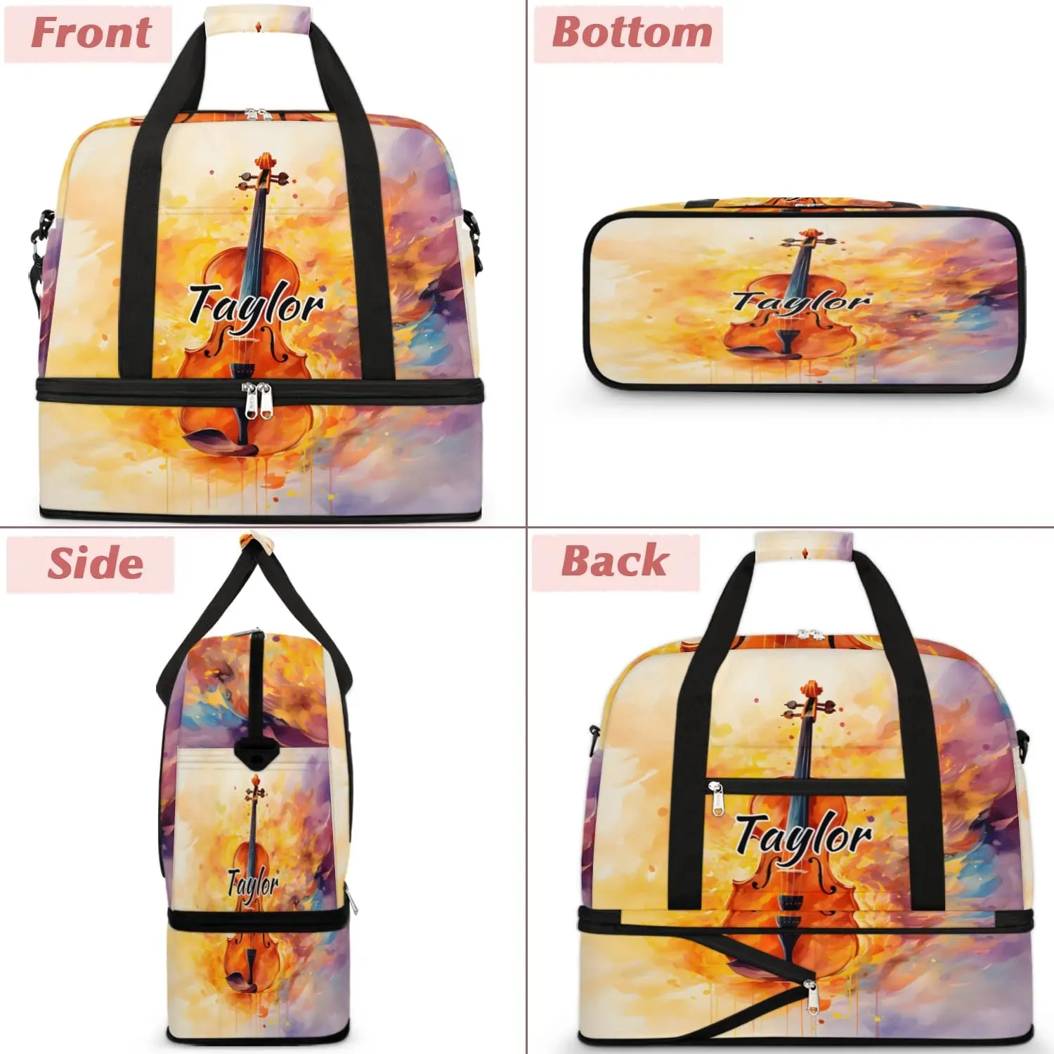 Personalized Duffel Bag with Name, Custom Violin Travel Sports Gym Yoga Beach Bag Customized Weekender Overnight Bag with Shoes Compartment for Women, Musical Violin