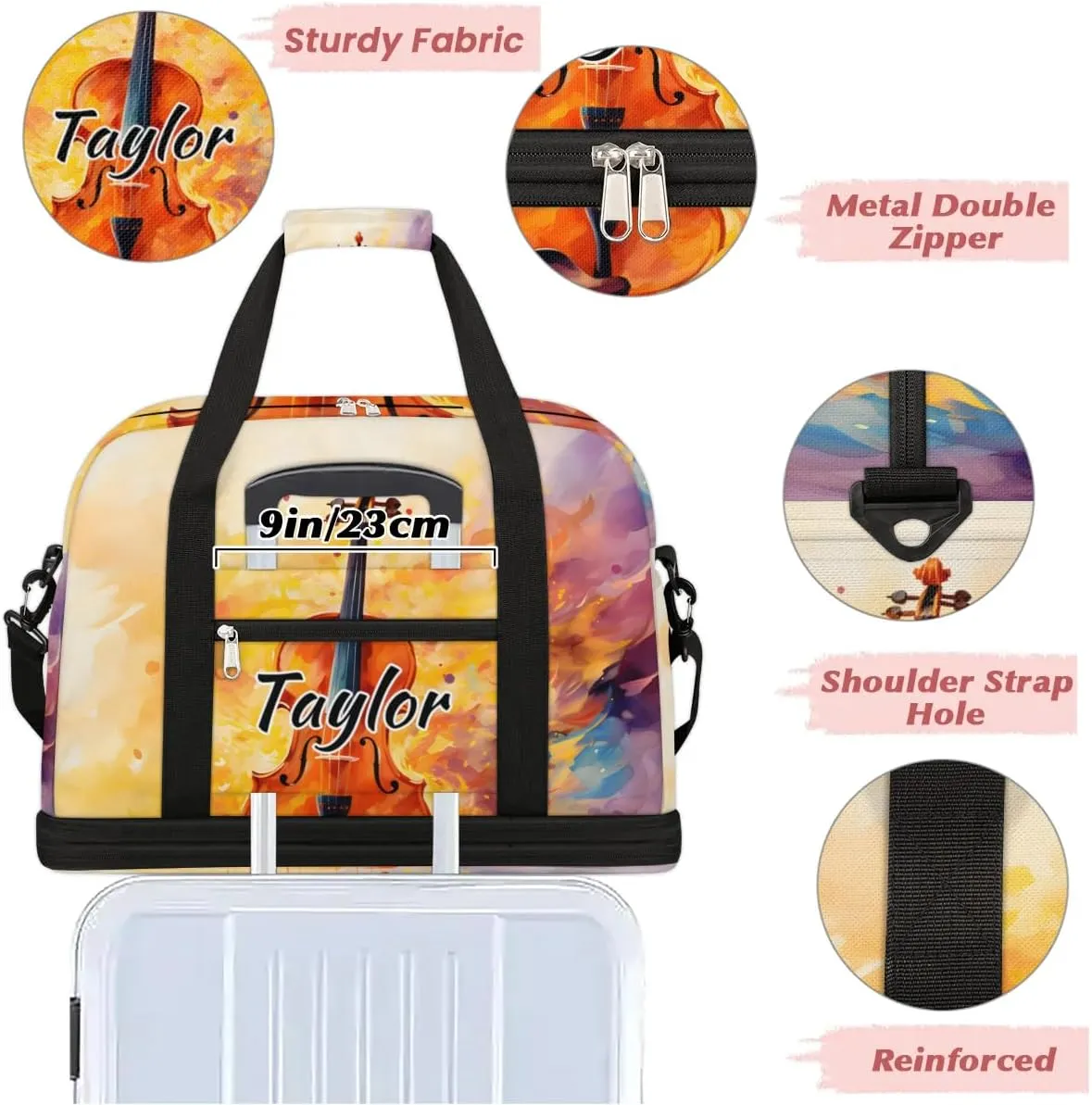 Personalized Duffel Bag with Name, Custom Violin Travel Sports Gym Yoga Beach Bag Customized Weekender Overnight Bag with Shoes Compartment for Women, Musical Violin