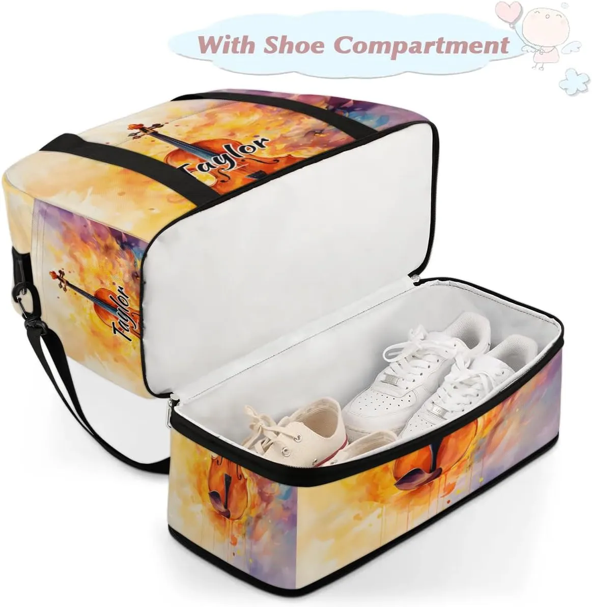 Personalized Duffel Bag with Name, Custom Violin Travel Sports Gym Yoga Beach Bag Customized Weekender Overnight Bag with Shoes Compartment for Women, Musical Violin