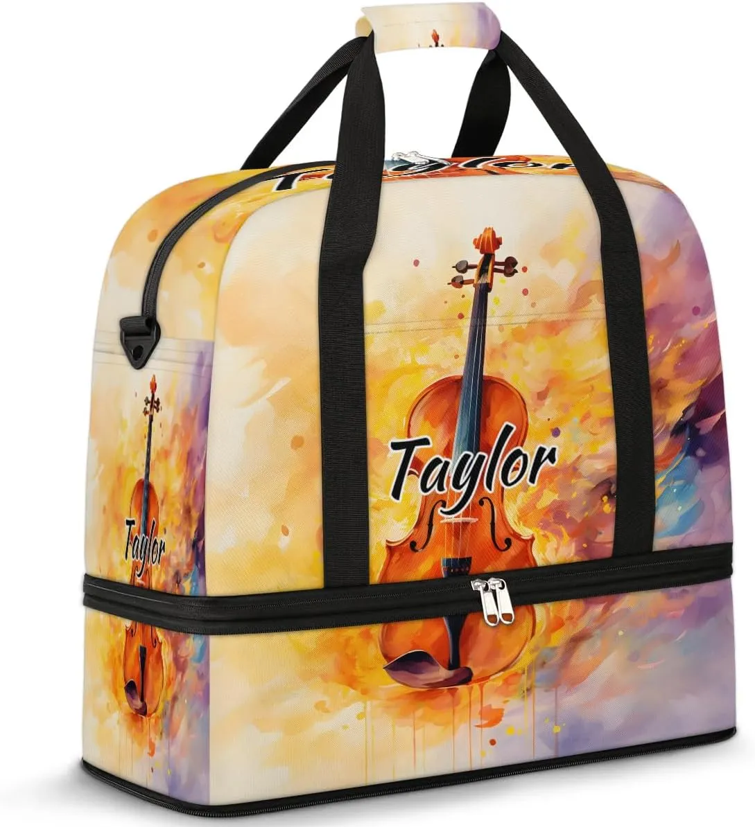 Personalized Duffel Bag with Name, Custom Violin Travel Sports Gym Yoga Beach Bag Customized Weekender Overnight Bag with Shoes Compartment for Women, Musical Violin