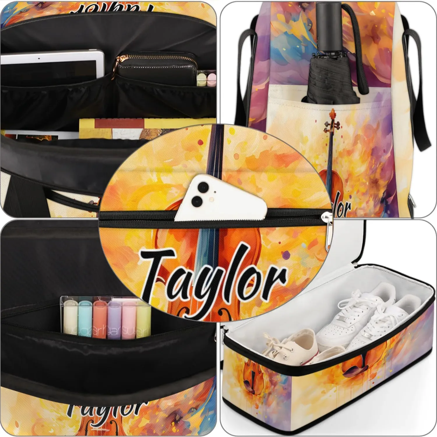 Personalized Duffel Bag with Name, Custom Violin Travel Sports Gym Yoga Beach Bag Customized Weekender Overnight Bag with Shoes Compartment for Women, Musical Violin