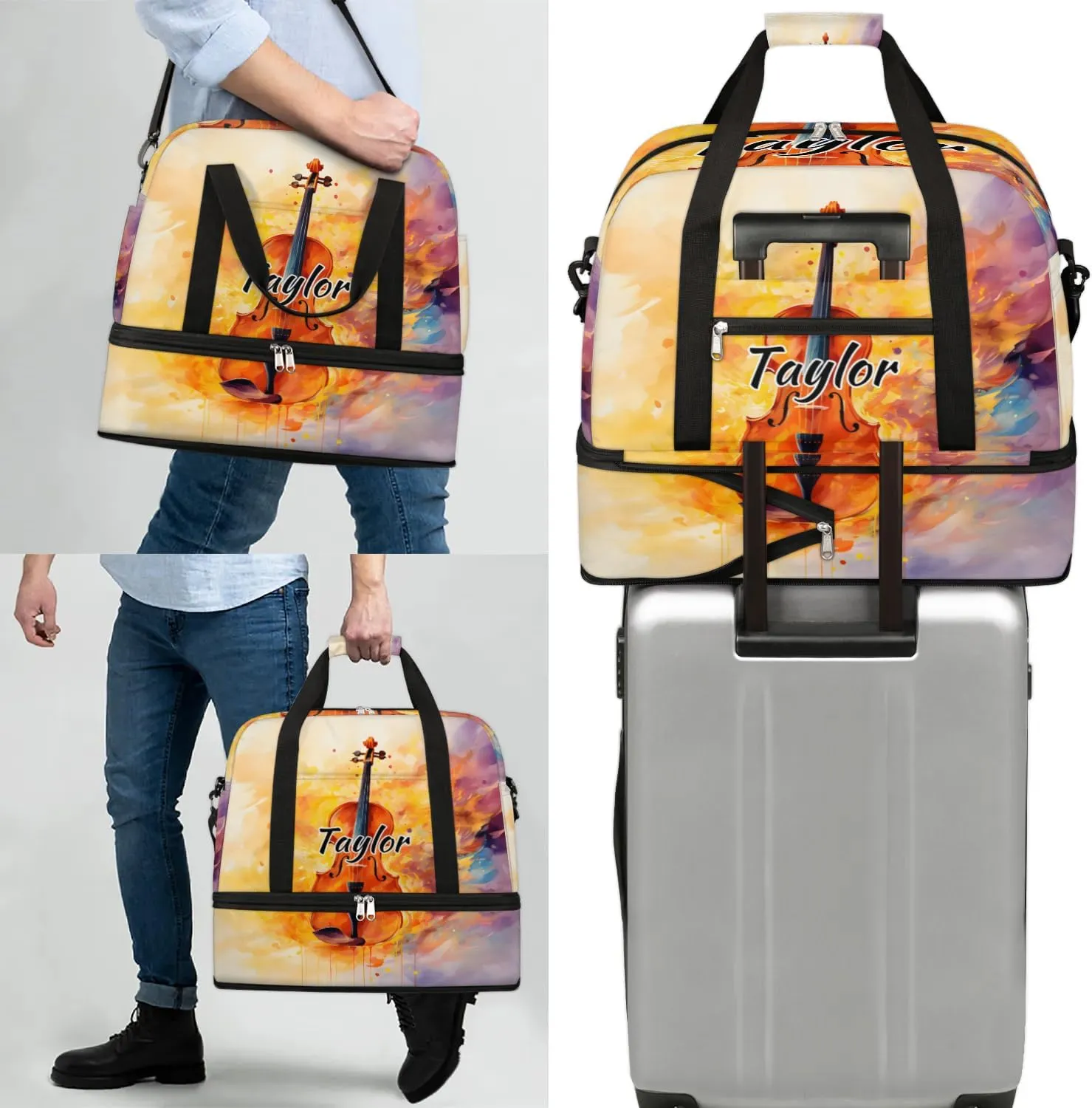 Personalized Duffel Bag with Name, Custom Violin Travel Sports Gym Yoga Beach Bag Customized Weekender Overnight Bag with Shoes Compartment for Women, Musical Violin