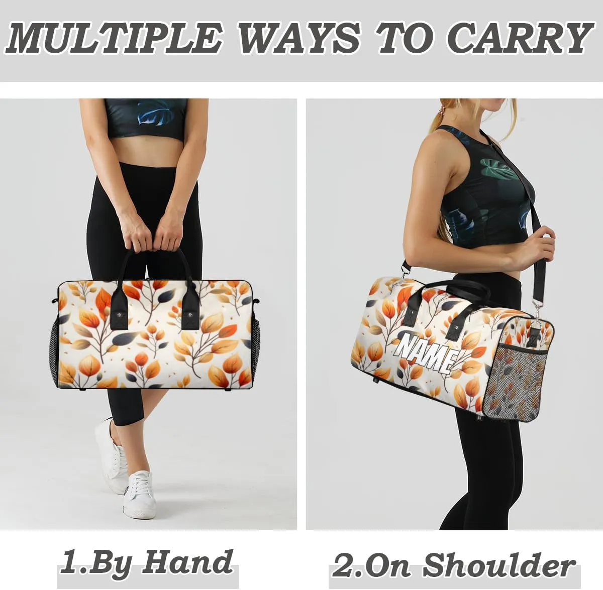 Personalized Fall Leaves Travel Duffel Bag with Name, Custom Gym Sport Bag Autumn Leaf Carry On Weekend Overnight Duffel Bag for Men Women
