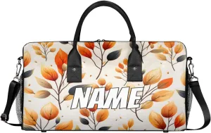 Personalized Fall Leaves Travel Duffel Bag with Name, Custom Gym Sport Bag Autumn Leaf Carry On Weekend Overnight Duffel Bag for Men Women