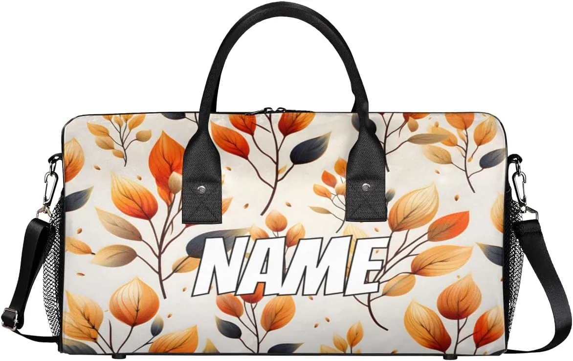 Personalized Fall Leaves Travel Duffel Bag with Name, Custom Gym Sport Bag Autumn Leaf Carry On Weekend Overnight Duffel Bag for Men Women