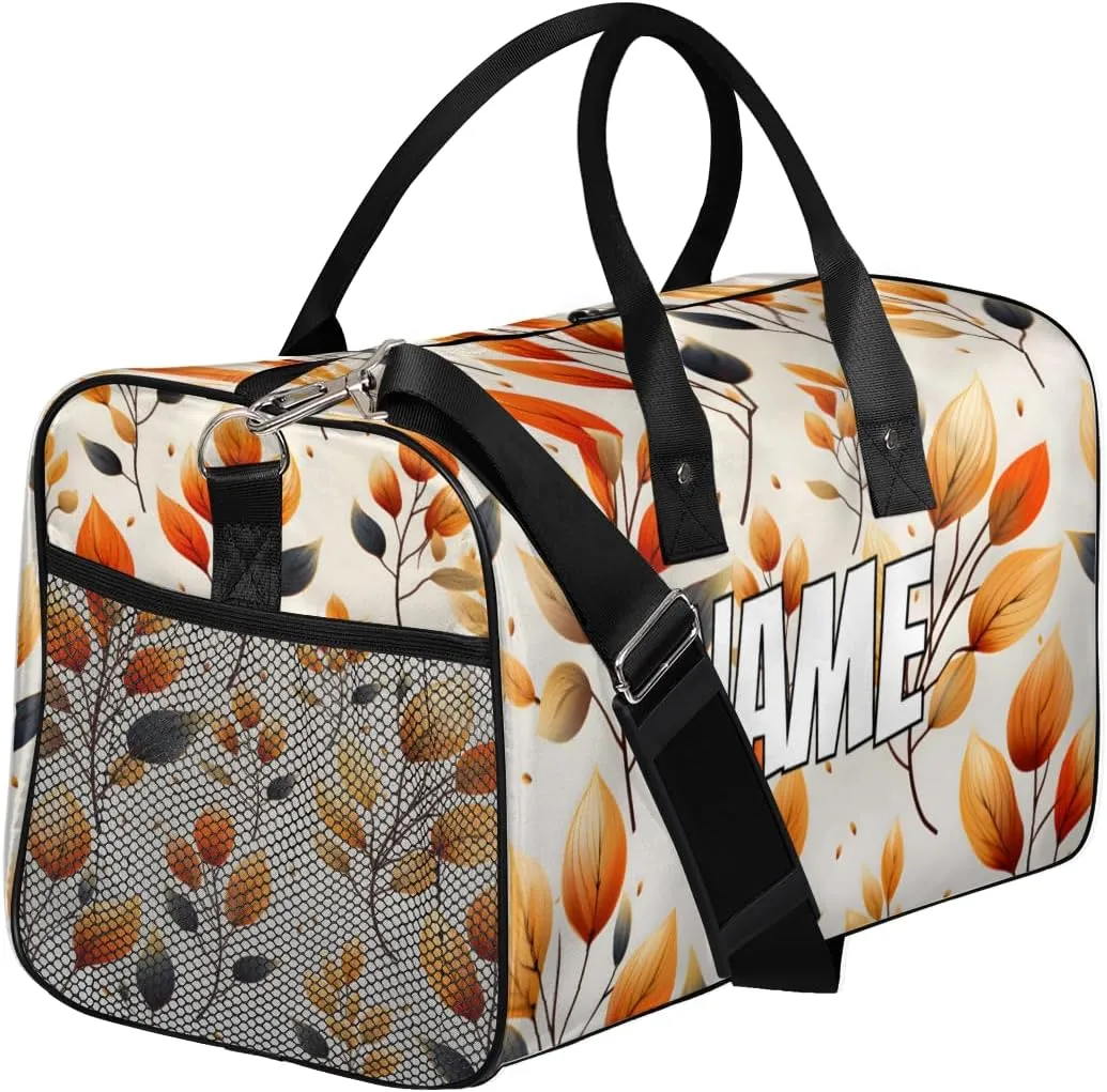 Personalized Fall Leaves Travel Duffel Bag with Name, Custom Gym Sport Bag Autumn Leaf Carry On Weekend Overnight Duffel Bag for Men Women
