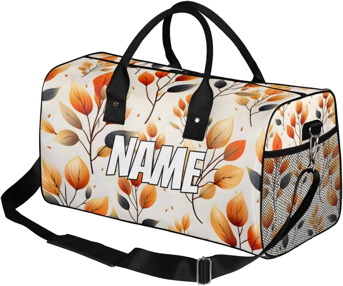 Personalized Fall Leaves Travel Duffel Bag with Name, Custom Gym Sport Bag Autumn Leaf Carry On Weekend Overnight Duffel Bag for Men Women