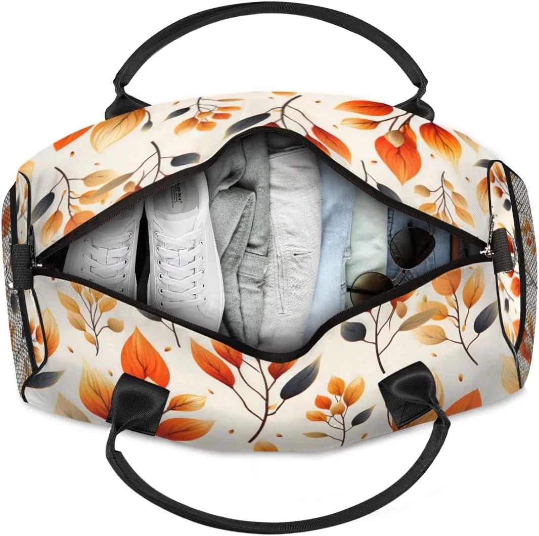 Personalized Fall Leaves Travel Duffel Bag with Name, Custom Gym Sport Bag Autumn Leaf Carry On Weekend Overnight Duffel Bag for Men Women