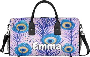 Personalized Feathers Travel Duffel Bag with Name, Custom Gym Sport Bag Feather Boho Carry On Weekend Overnight Duffel Bag for Men Women